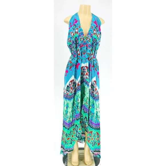 Shahida Parides Convertible Blue Multi Printed Silk Maxi Dress Eclectic One Size - Picture 3 of 10